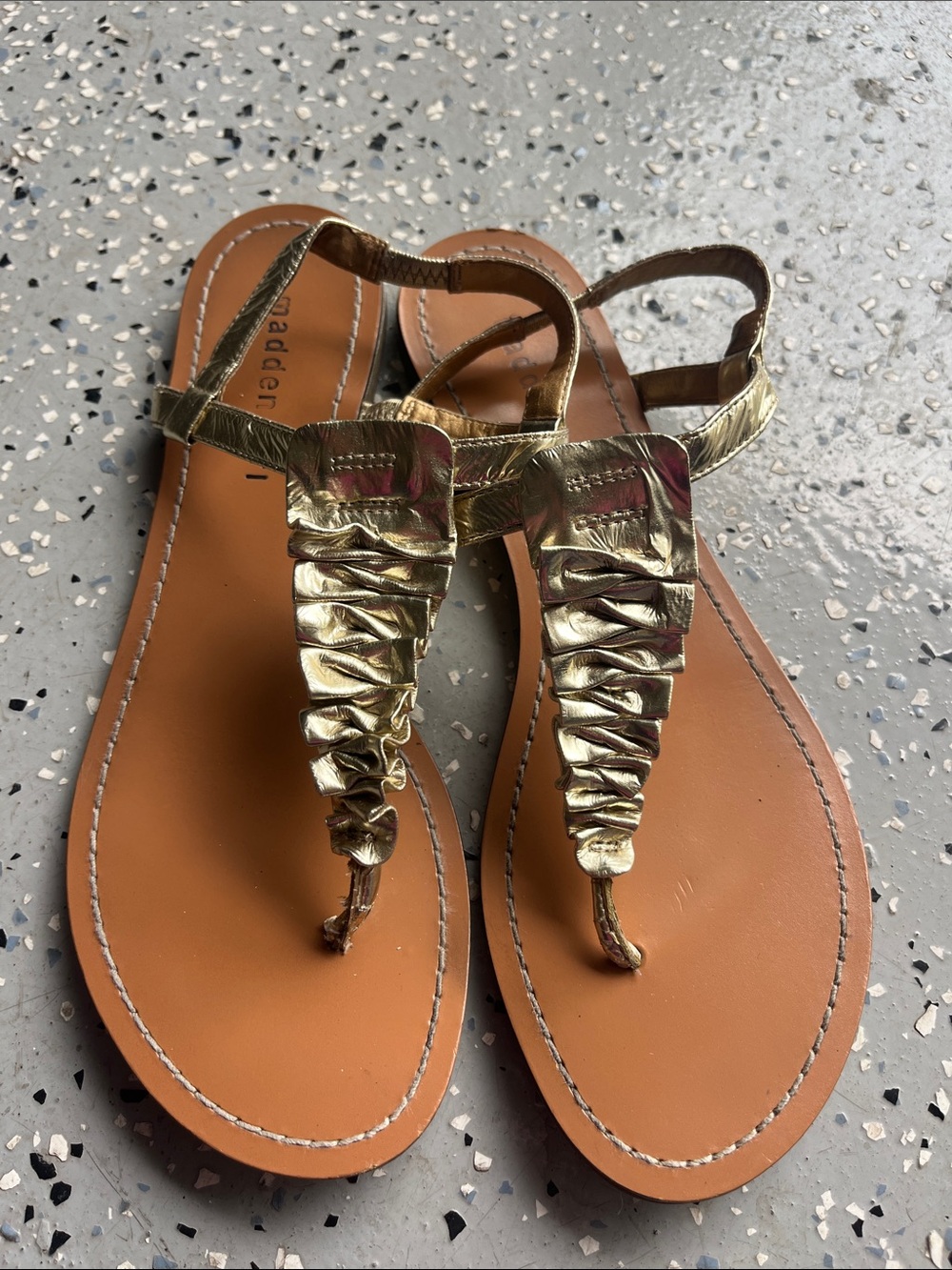 Madden Girl Women’s Gold Metallic Ruffled T-Strap Sandals